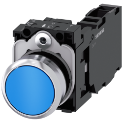 Кнопка круглая металлическая глянцевая 22мм контакты мгновенного действия с держателем 1NO+1NC винтовые клеммы син. Siemens 3SU11500AB501FA0