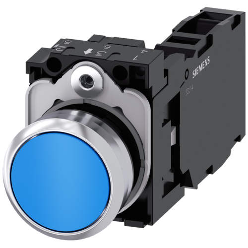 Кнопка круглая металлическая глянцевая 22мм контакты мгновенного действия с держателем 1NO+1NC винтовые клеммы син. Siemens 3SU11500AB501FA0