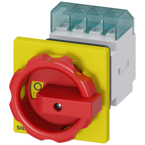 Выключатель главный/аварийный 3 полюса iu=16 P/AC-23А при 400В=75кВт переднего крепления крепление по центральному отверстию поворотный привод желт./красн. Siemens 3LD20540TK53