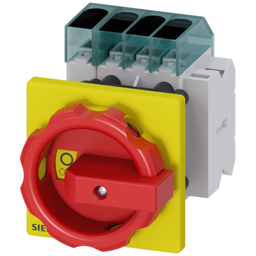 Выключатель главный 3-пол. + N lu 16А рабоч.коммутация при AC-23А при 400В 75кВт фронт уст. базовая устан. с центр. отверст. 225мм поворотн. ручка красн./желт. 66х66мм с доп. конт. 1NO+1NС Siemens 3LD30541TL53