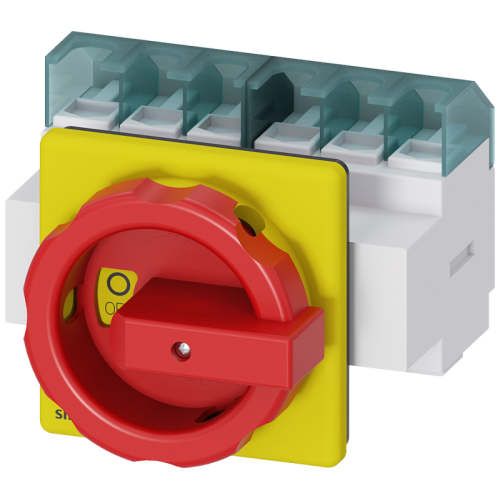 Выключатель главный/аварийный 6-полюсный iu=63 P/AC-23А при 400В=22кВт переднего крепления крепление по 4 отверстиям поротная рукоятка красн./желт. Siemens 3LD25043VK53