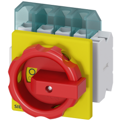 Переключатель аварийный главный управляющий 4п IU=25 P/AC-23А при 400В=9.5кВт 1НO+1НЗ для фронтального монтажа монтаж поср. 4 отверстий поворотный исп. механизм красн./желт. Siemens 3LD21032EP53