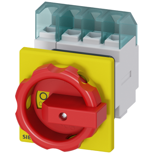 Переключатель аварийный главный управляющий 4п IU=32 P/AC-23А при 400В=11.5кВт для фронтального монтажа монтаж поср. центр. отверстия поворотный исп. механизм красн./желт. Siemens 3LD22541TL53