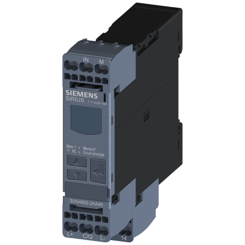 Реле контроля цифровое контроль тока 225мм для IO-Link 0.05-100 A AC/DC повыш. и пониж. ток гистерезис 0.01-50А время задержки пуска время задержки срабатывания 1 перекл. контакт пруж. клеммы Siemens 3UG48222AA40