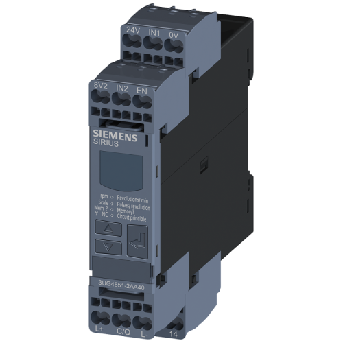 Реле контроля цифровое устройство контроля скорости вращения для IO-Link 01-2200 об/мин время задержки пуска время задержки срабатывания гистерезис от 0.1 до 99 об/мин 1 перекл. контакт пруж. клеммы Siemens 3UG48512AA40
